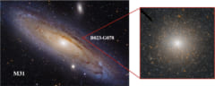 左：アンドロメダ銀河（M31)の広視野画像。赤枠：ブラックホールが見つかったB023-G78の位置と拡大画像