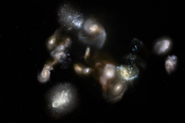 初期宇宙の12個以上の銀河グループのアーティストイメージ