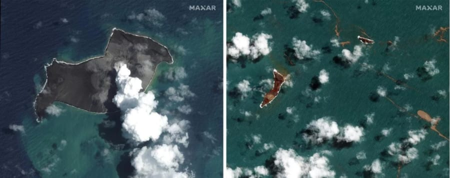 左が1月6日、右が1月18日に衛星会社マクドナルドが撮影したふんが・トンガ・フンガ・ハアパイ火山島。
