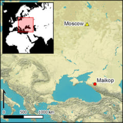 マイコプ・クルガンの位置、コーカサスは黒海とカスピ海に挟まれている