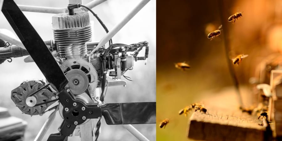 （左）人間が開発した飛行システムは複雑になりがち,（右）ミツバチはシンプルな飛行システムをもつ