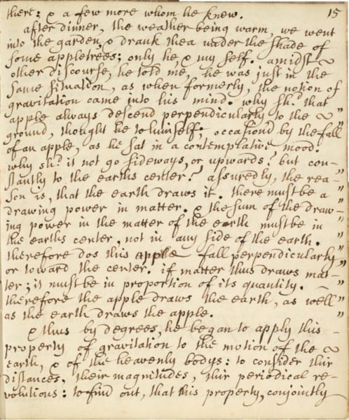 「リンゴの木」の逸話が記されたステュークリの手稿