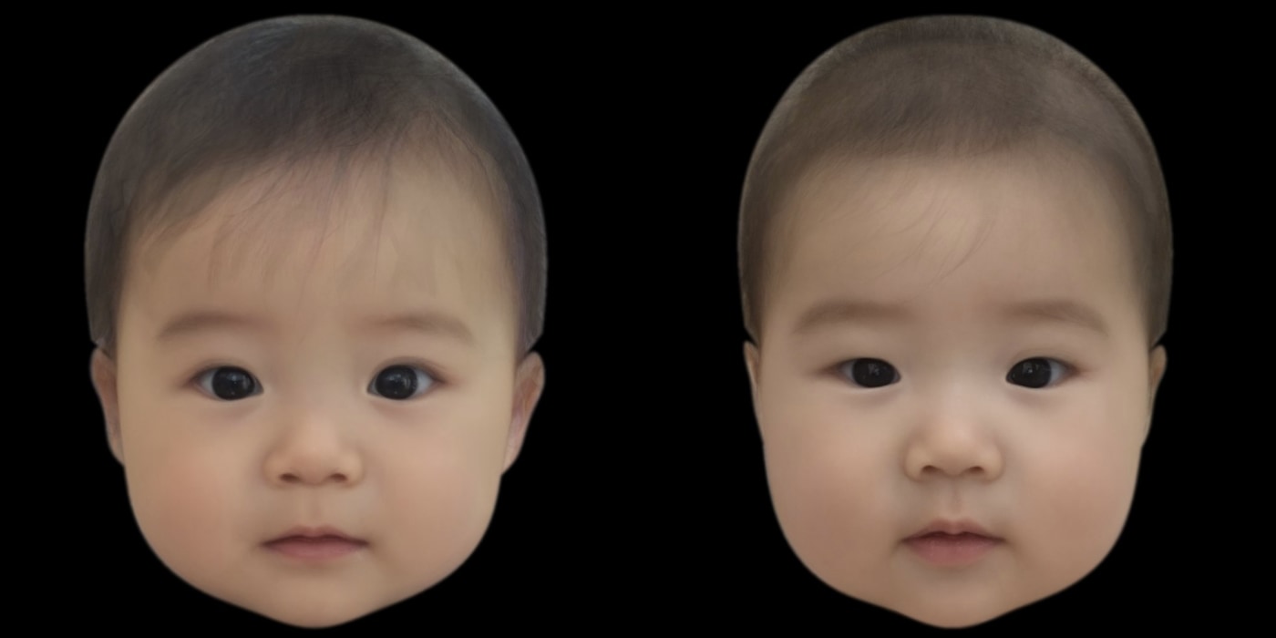 合成画像。（左）かわいさを増した顔, （右）かわいさを減らした顔