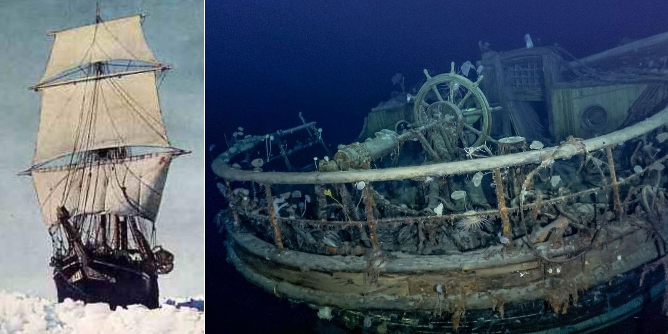 （左）1915年に出向したエンデュアランス号, （右）2022年に海底で発見されたエンデュアランス号