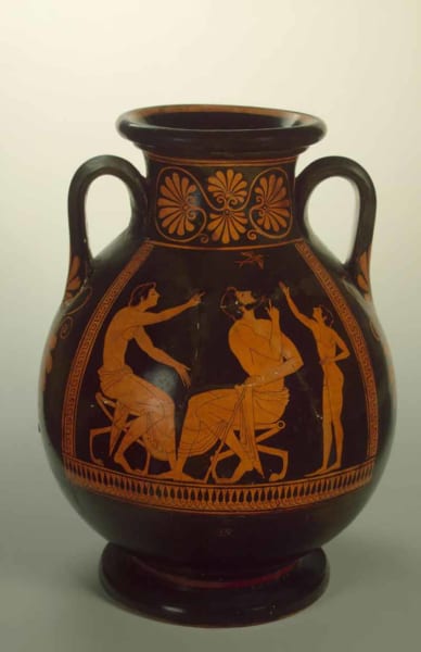 BC500年頃のギリシアの壺、3人の男がツバメの帰りを見ている