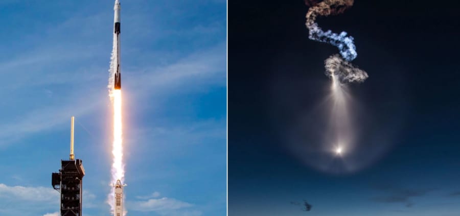 ファルコン9の発射時（左）と分離時（右）の映像