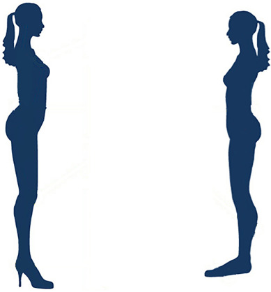 （左）ハイヒールを履いた女性のシルエット, （右）フラットシューズを履いた女性のシルエット