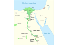 上下エジプトの位置関係。南北という分け方に近いが、ナイル川の上流下流を意味しているので、下エジプトの方が北にある。