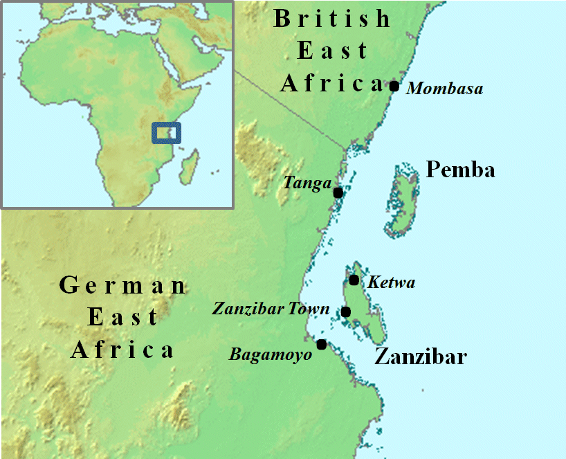 ザンジバル諸島とアフリカ本土（西岸にザンジバル・タウン）