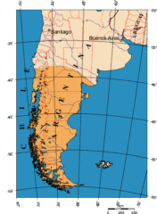 パタゴニア（南米の南緯40度付近を流れるコロラド川以南の地域、オレンジの部分）