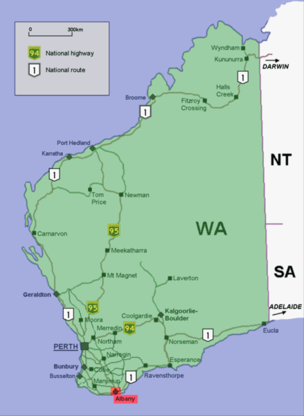 新種が見つかった西オーストラリア州・オールバニ（赤）の位置