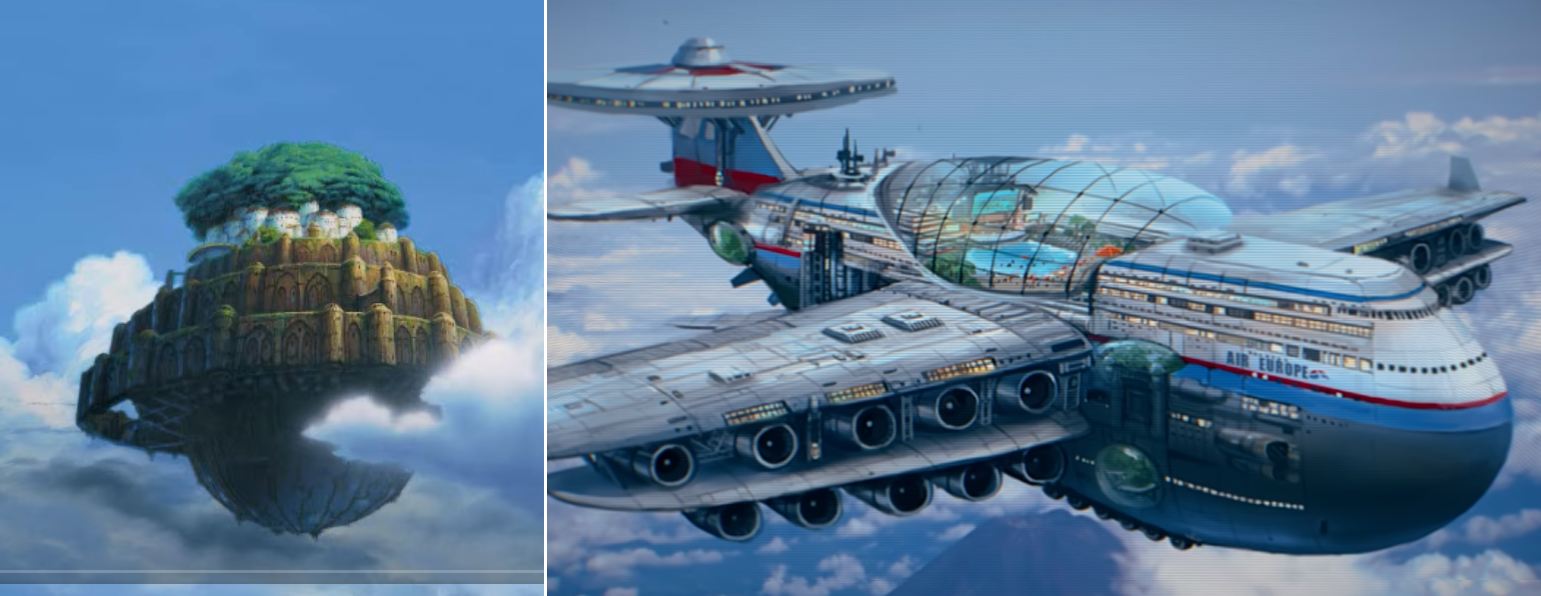 （左）天空の城ラピュタ, （右）飛行ホテルのコンセプトデザイン。現代版ラピュタと言えるかも？