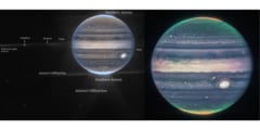 広視野の画像（左）、木星のクローズアップ（右）