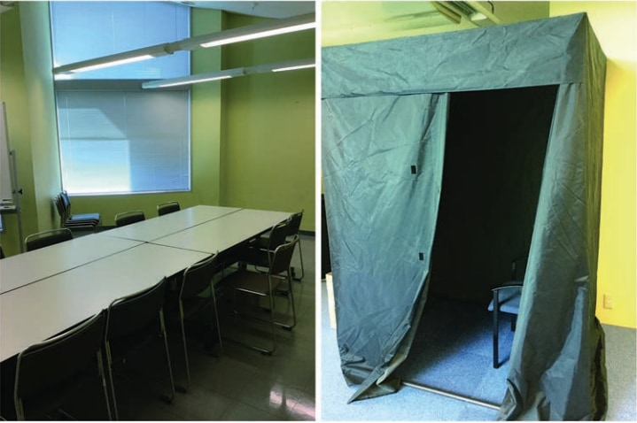 実験は会議室でも狭いテントの中でも行われた