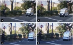 a：目線が歩行者を向いている（停止）、b：目線が歩行者を見ていない（通過）、c：目のない車が停止する場合、d：目のない車が通過する場合