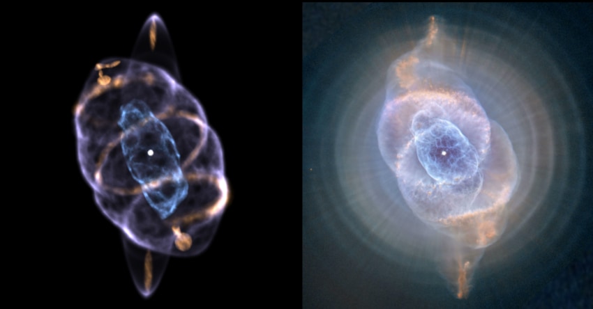 ハッブル宇宙望遠鏡による「キャッツアイ星雲」、左が従来の画像、右が新たに作成された画像