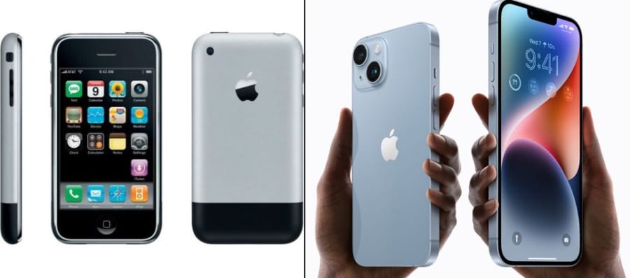 （左）iPhone1、（右）iPhone14