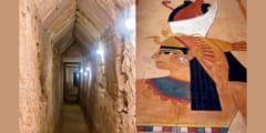 左：新たに見つかった地下トンネル、右：クレオパトラの壁画
