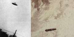 （左）1952年にアメリカで撮影されたUFO、（右）1870年撮影のUFO。単なる霜の上の異物との意見も。