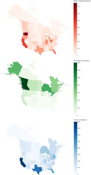 アメリカにおける地域ごとのビックフット目撃数（赤）、アメリカグマ個体数（緑）、人口（青）の分布マップ。調関連性があると判明