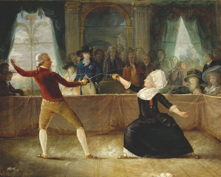 フェンシングの試合をするブローニュ（左）を描いた絵画