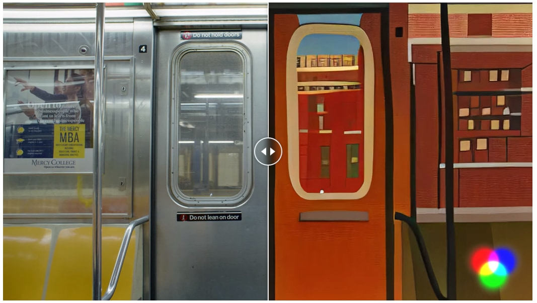 電車内を撮影した動画（左）が、趣あるアニメーション（右）に