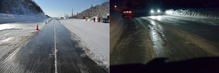 ブラックアイスバーンの昼（左）と夜（右）の見え方。ただ路面が濡れているだけのように見える