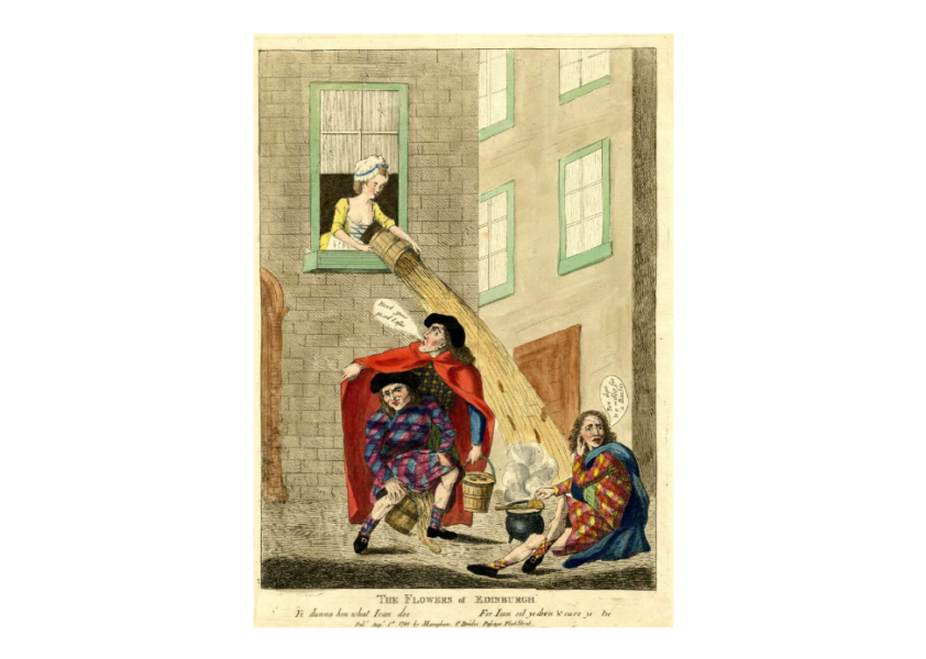 大英博物館が所蔵する風刺画。1781年のエディンバラの街路でよく知られた危険を描いているとされる。