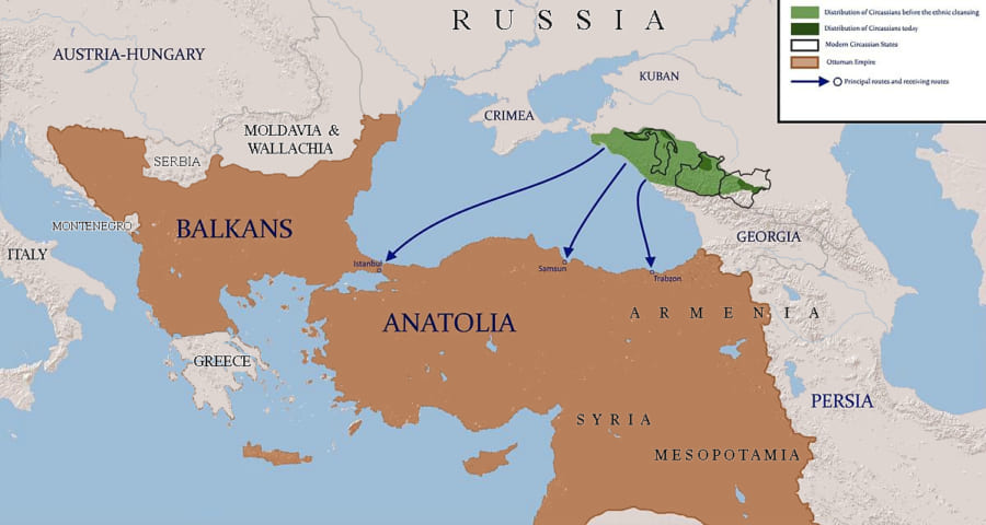 チェルケス人（緑）がロシアからの侵略によりオスマン帝国に避難した経路