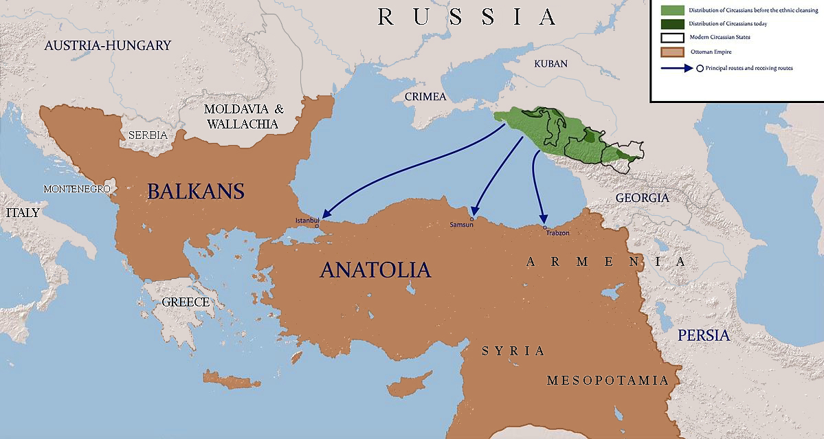 チェルケス人（緑）がロシアからの侵略によりオスマン帝国に避難した経路