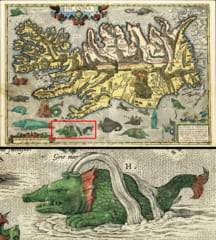 1658年頃に書かれたアイスランドの地図とそこに見られる「ハーヴグーヴァ」の絵