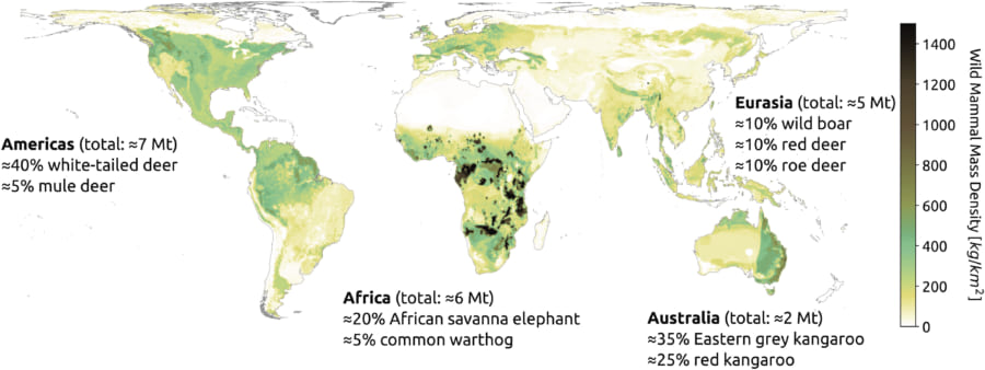 野生の陸生哺乳類の生物量（質量）における密度を示した図