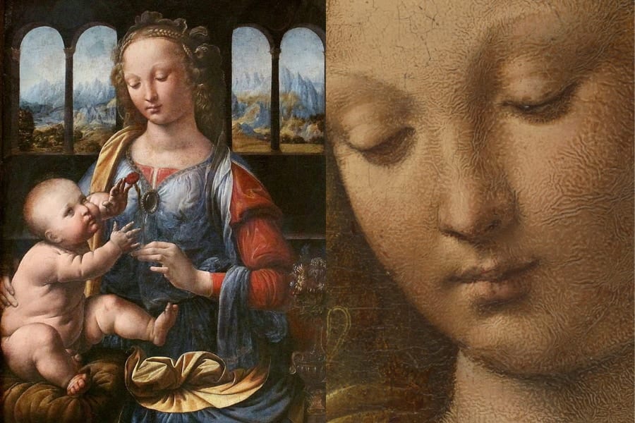 左：『カーネーションの聖母』(1473〜1478年頃)、右：聖母マリアの顔のアップ