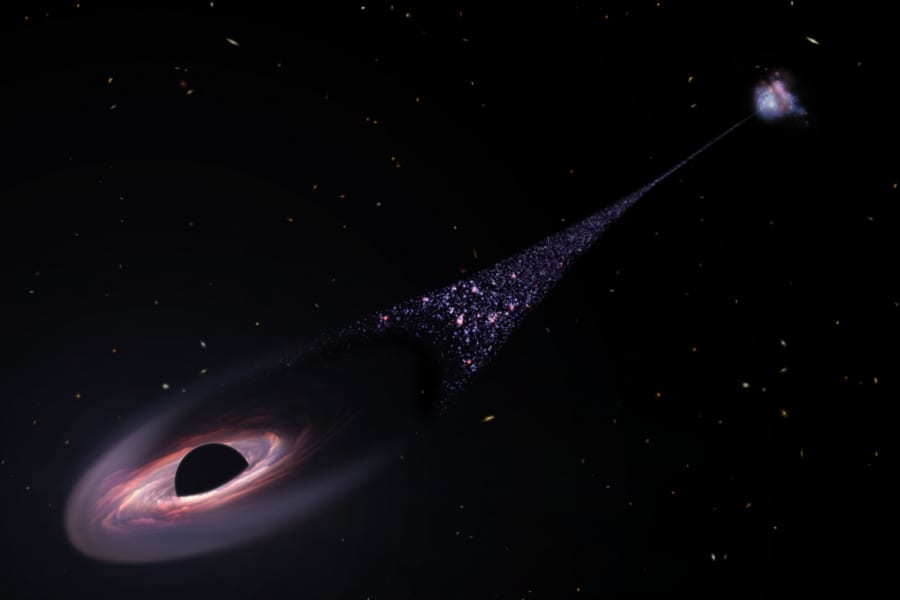 「星の飛行機雲」星を生みながら輝く軌跡を描いて高速移動する超大質量ブラックホール！