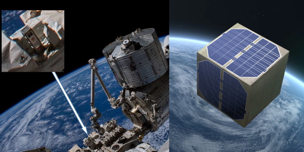 左：木材を宇宙空間に晒す試験、右：木造人工衛星の完成イメージ