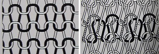 ニットの編み方の違い。（左）基礎的な平編み、（右）インターロック編み