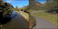 左：走行中の車から見た映像サンプル、右：AIが生成した映像
