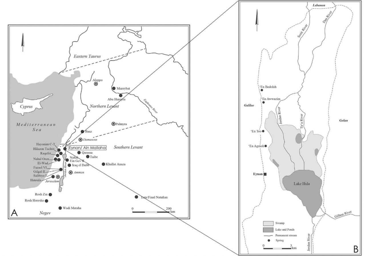 アイン・マラッハ遺跡の場所とその拡大図（左は地中海）