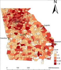 期間内におけるジョージア州各地でのヘビ咬傷件数（赤いほど件数が多い）