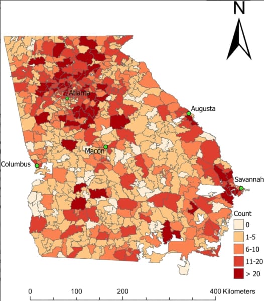 期間内におけるジョージア州各地でのヘビ咬傷件数（赤いほど件数が多い）