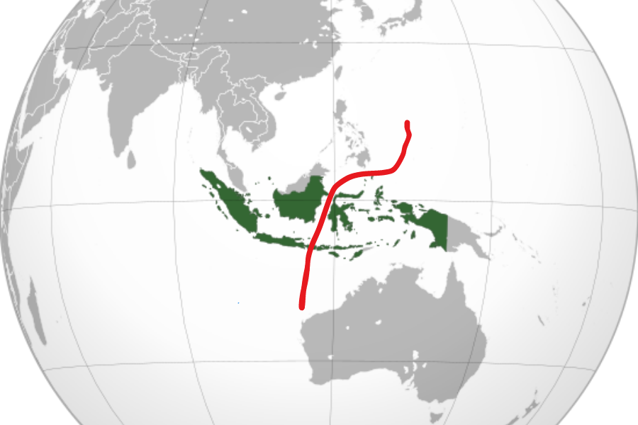 今日のインドネシアの領土（緑）、ウォレス線（赤）