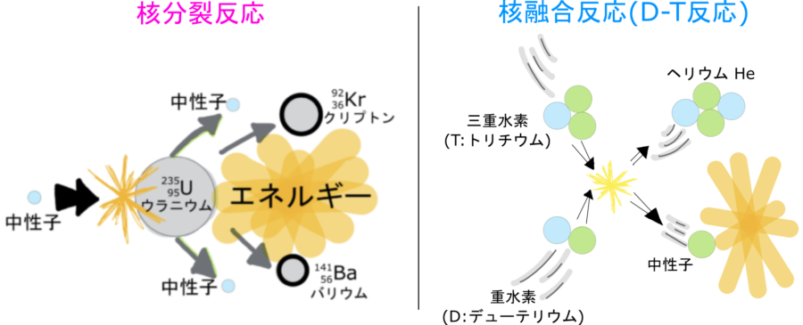 核分裂反応と核融合反応の燃料と生成物（例）
