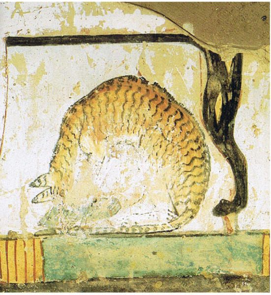 古代エジプトの壁画（椅子の下で魚を食べるネコ）