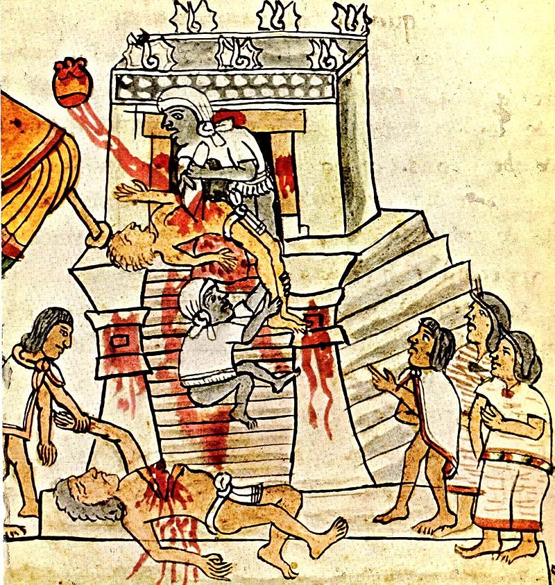 アステカの生贄の儀式、石器のナイフで胸を裂き、心臓を取り出す