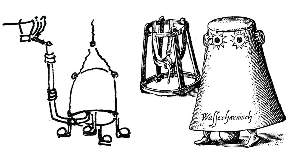 左はスペインの発明家ヘロニモ・デ・アヤンスが1606年にデザインした潜水鐘。右は1616 年にドイツの発明家フランツ ケスラーによって設計された潜水鐘