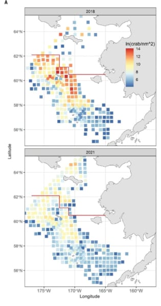 ベーリング海東部におけるズワイガニの密度比較（2018年と2021年）