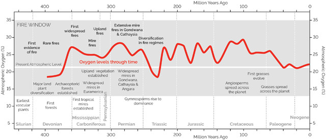 過去4億年間の酸素濃度の変遷