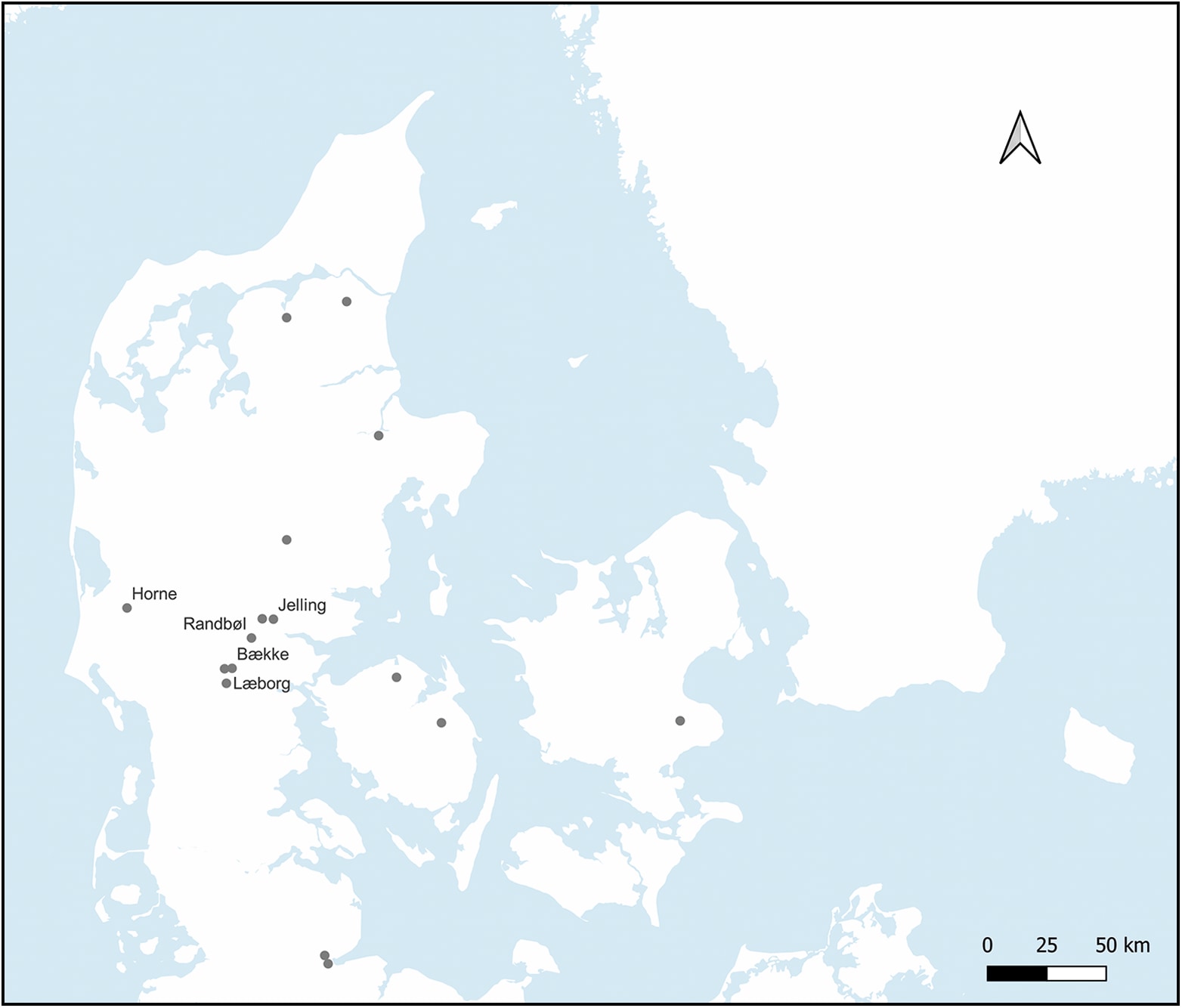 デンマークに点在するヴァイキング時代（900〜970年頃）のルーン石碑の位置