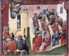 ボローニャ大学における1350年代の講義風景を描いた写本挿絵、このような雰囲気の教室で学生たちは授業を受けていた