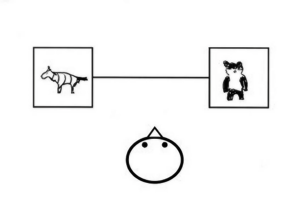 シマウマ・パンダ課題。画面の下部にキャラクター、上部に動物を書く。